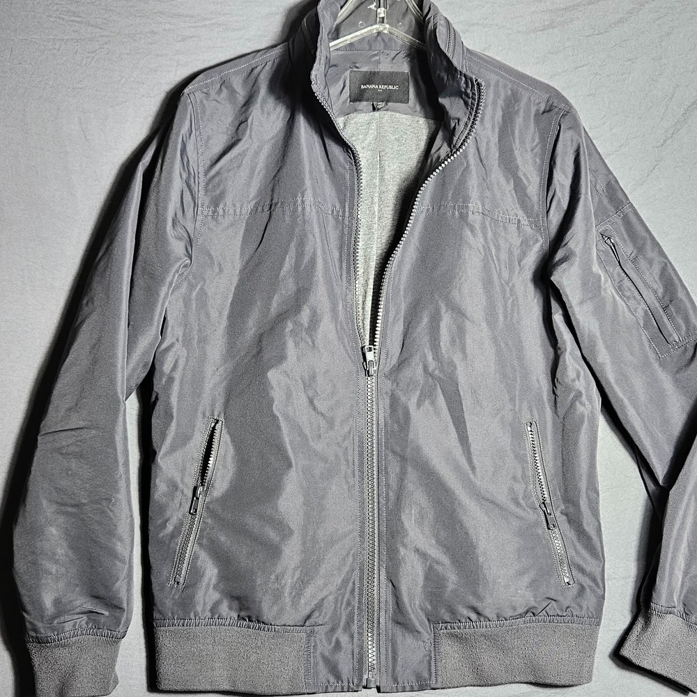 Banana Republic Mens M Bomber Jacket Grey Concealed Zip Away Hood Fleece Lined